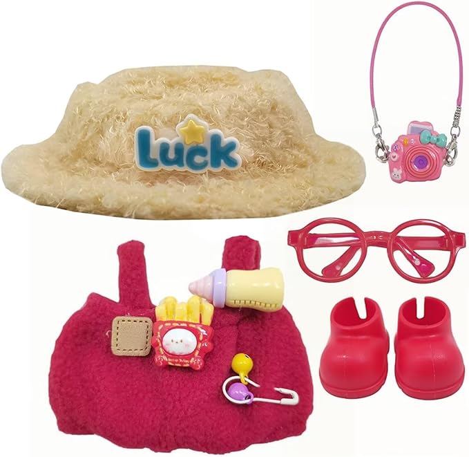 Doll Clothes Outfit and Accessories Suitable for 17cm Dolls, 5 Piece Set Romper Hat Camera Backpack Glasses Shoes (No Doll) Red