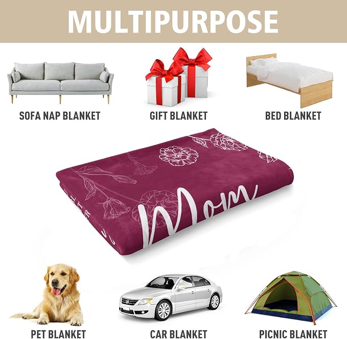 GiltGlimmer Mom Birthday Gifts, Mom Floral Blanket Burgundy, 60" x 50" | Gifts for Moms from Daughter Son, We Love You Present for Mother Mommy Christmas Mothers Day
