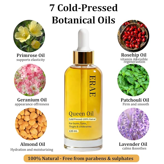 Erae Queen Oil Face & Body Oil - Bakuchiol, Camellia Japonica, Sea Buckthorn & Evening Primrose Oil - Radiant-Looking Skin, For Crepey Skin, Firming & Hydrating Treatment - 4 Fl oz