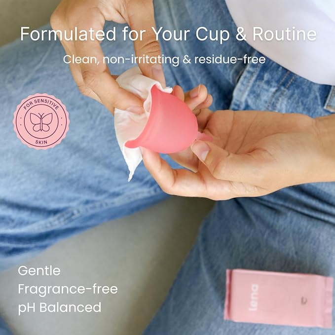 Lena Period Wipes for Teen Girls and Women - pH Balanced for Menstrual Cup and Feminine Hygiene, Flushable & Disposable Mini Compact Wipes, Clear, Non-Toxic Fragrance Free, Unscented Disc Cleaner