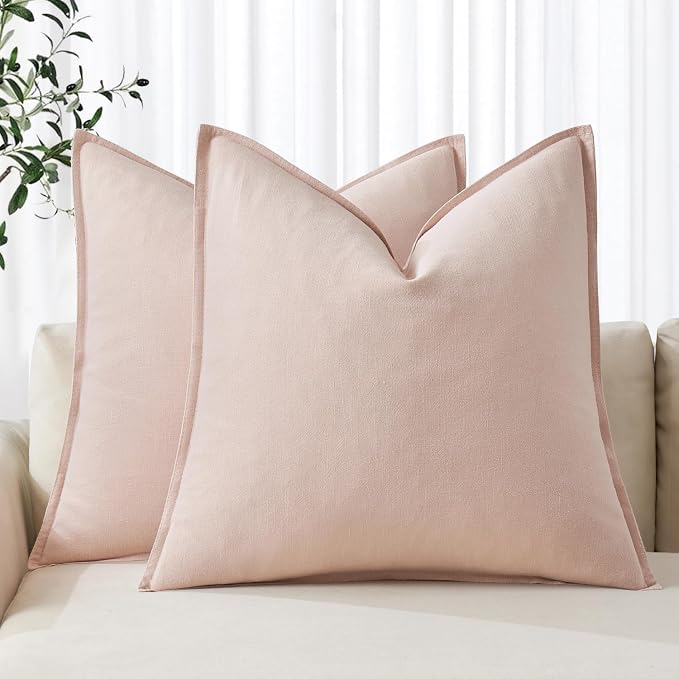 MIULEE Decorative Linen Euro Sham Pillow Covers 22x22 Inch Light Pink | Boho Farmhouse Neutral Couch Throw Pillows for Bed, Pack of 2 Accent Modern Pillowcases, Sofa Livingroom Home Decor