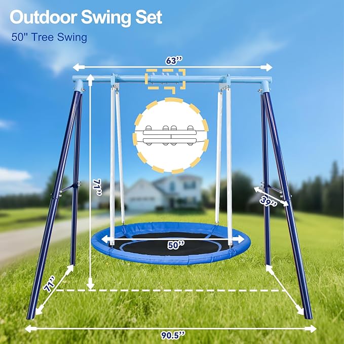 JYGOPLA 50-Inch Saucer Swing with Frame & Stand - Heavy Duty 600 lbs Capacity, Outdoor Swing Sets for Backyard Family Fun, Kids 3-12 & Adults, Easy Assembly (Blue)