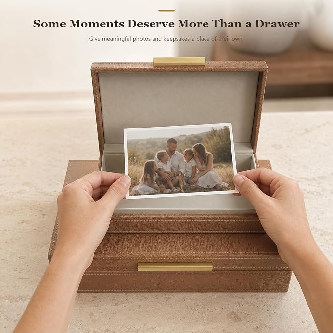 Decorative Storage Boxes with Lids, PU Faux Leather, 2 Pack, Brown | Bookshelf Home Decor Box with Gold Metal Handle, Store Photos, Documents and Memory Box Keepsakes