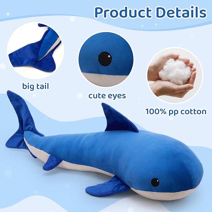 Tezituor 4ft Giant Whale Stuffed Animal, S-Shape Long Stuffed Ocean Whale Theme Plush Toy for Boys Girls, Hugging 47inches Soft Whale Plush Body Pillow for Sleeping