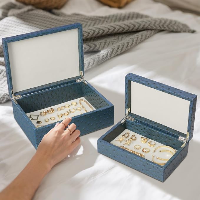 Set of 2 Decorative Storage Boxes with Lids, Faux Ostrich Leather | Memory Box, Soft Velvet Lining, Sturdy MDF Core, Stackable Design, Large Storage Capacity, Gift Ready, Home Décor