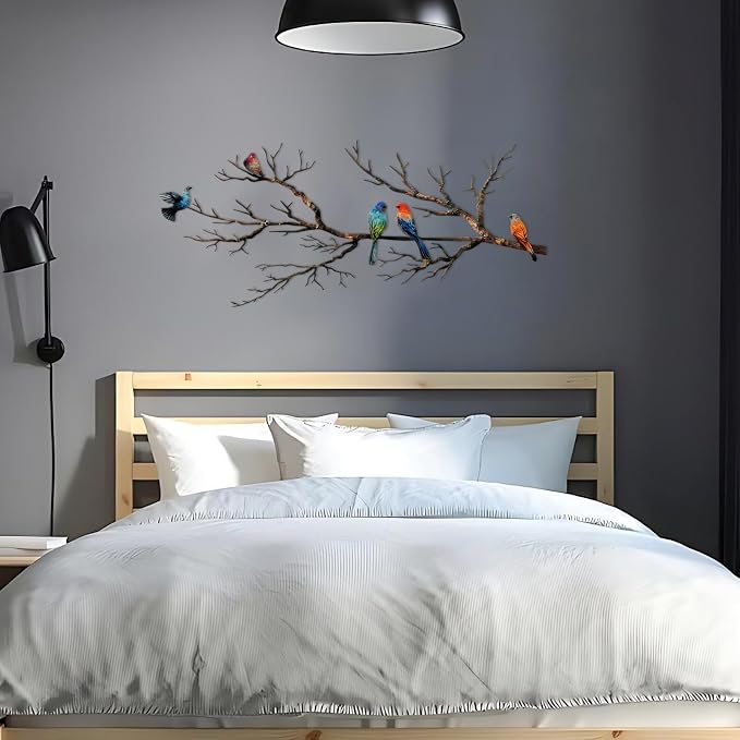 ESTART Metal Birds Wall Art, Metal Vivid Birds on Branch Silhouette Wall Decor Black Leaves with Bird Outdoor Hanging Wall Sculpture for Home Balcony Garden (Classic Color, Large)