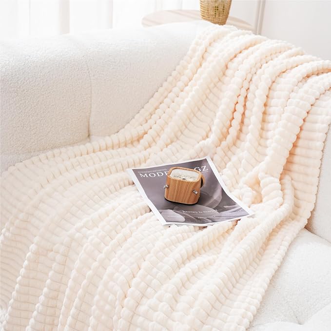 Puncuntex Fleece Throw Blanket Cream White 50"×60" with Square Grid Design | Super Soft Plush Cozy Flannel Throw Blanket Luxury for Couch Sofa Chair