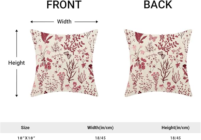 Christmas Pillow Covers 18x18 Inch Set of 2,Burgundy Red Wild Flower Plant Throw Pillows Case,Seasonal Floral Outdoor Decorative Square Linen Farmhouse Decor Cushion Covers for Home Sofa bed Couch