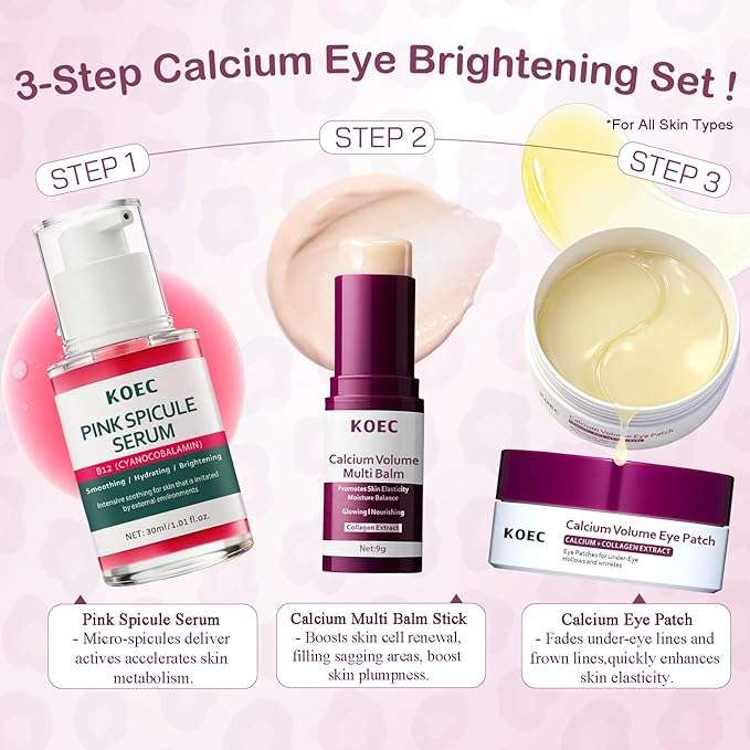 Calcium Volume Multi Balm Stick + Pink Spicule Serum + Eye Patches 60ea,Collagen Elastin Boost & Wrinkle Smoothing Eye Treatment,Skin Condition Improvement Pore Refining Serum,Gentle Skincare Routine