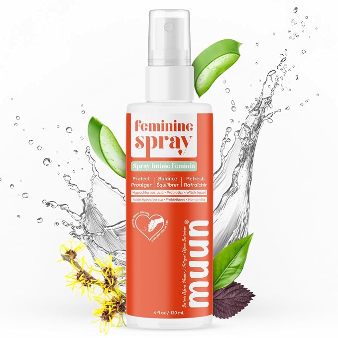Muun Feminine pH Intimate Spray – Women Body Deodorant with Hypochlorous Acid, Witch Hazel & Probiotics – No-Rinse Wash, Gentle Odor Neutralizer, Soft Peach Scent