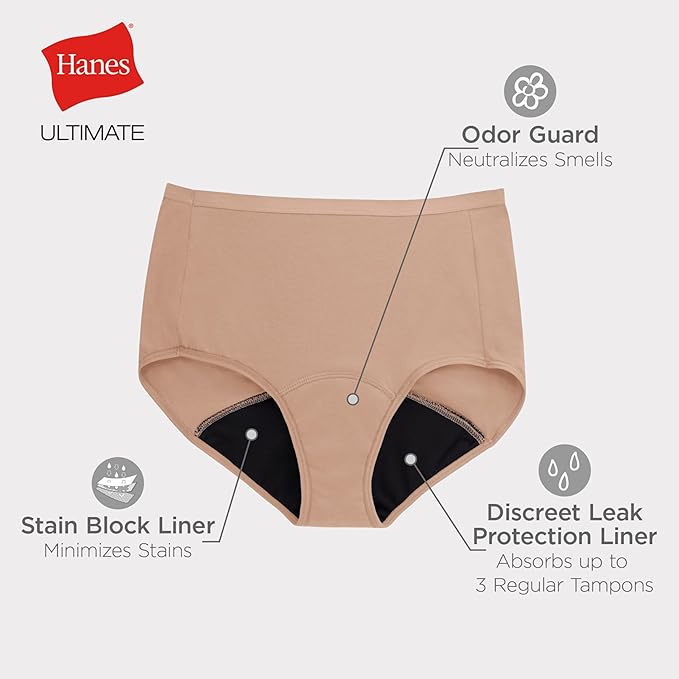 Hanes Women's Period Underwear Pack, 3-Pack, Comfort, Period. Moderate Leaks Period Panties, Odor Protection