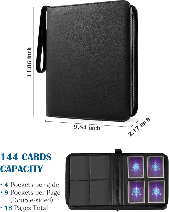 Top Loader Binder for 144 Toploaders, Side Loading Toploader Binder 4 Pocket for 3 x 4'' Rigid Cards with Zipper Closure, PU Leather Ringless 2x2 Card Binder for MTG/TCG/Sports/Games, Purple