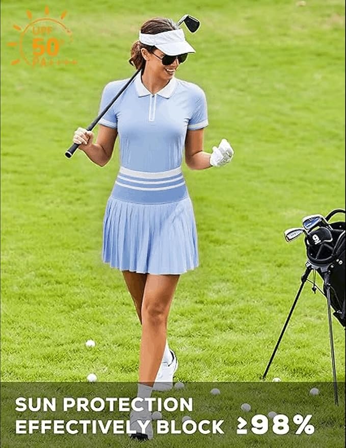 Tennis Skirt Sets for Women Zipper Color Block High Waisted Golf Polo Two Piece Skirt Set Women 2 Piece Outfits