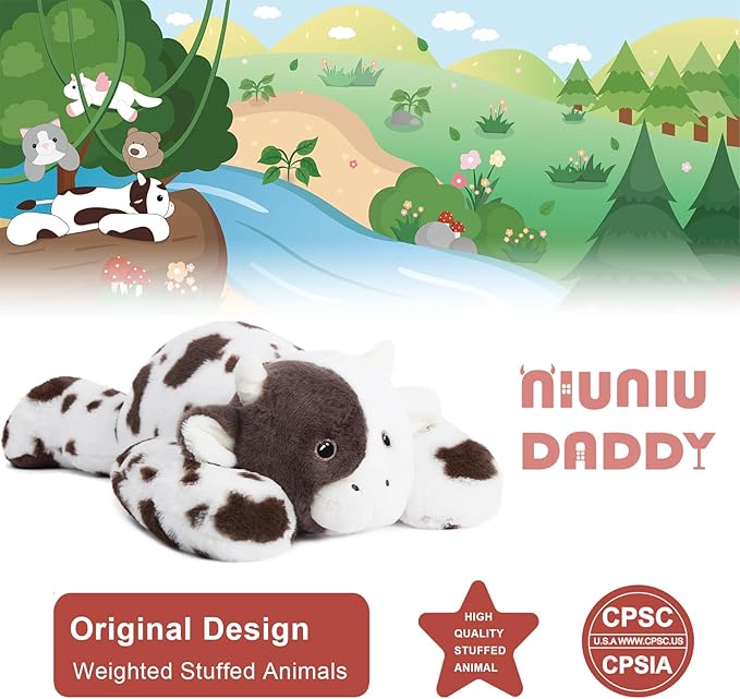 Niuniu Daddy 20" | 3.3 Pound Cow Weighted Stuffed Animals for Kids Adults, Fluffy Cow Weighted Beads for Body Pillow for Hugging, Soft Plush Toy for Gift Birthday Christmas Holiday Easter Presents