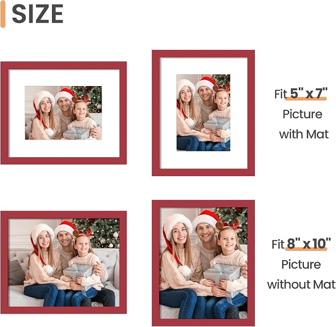 upsimples 8x10 Picture Frame, Display Pictures 5x7 with Mat or 8 x 10 Without, Wall Hanging Photo Frames, Red, 1 Pack