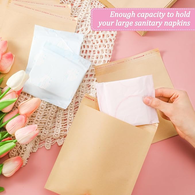 Dunzoom 200 Pcs Large Sanitary Napkin Disposal Bags Feminine Hygiene Disposal Bags 7.87 x 6.3 Inch Bulk Disposable Kraft Tampons Bags for Feminine Products with Self Adhesive for Women Girls