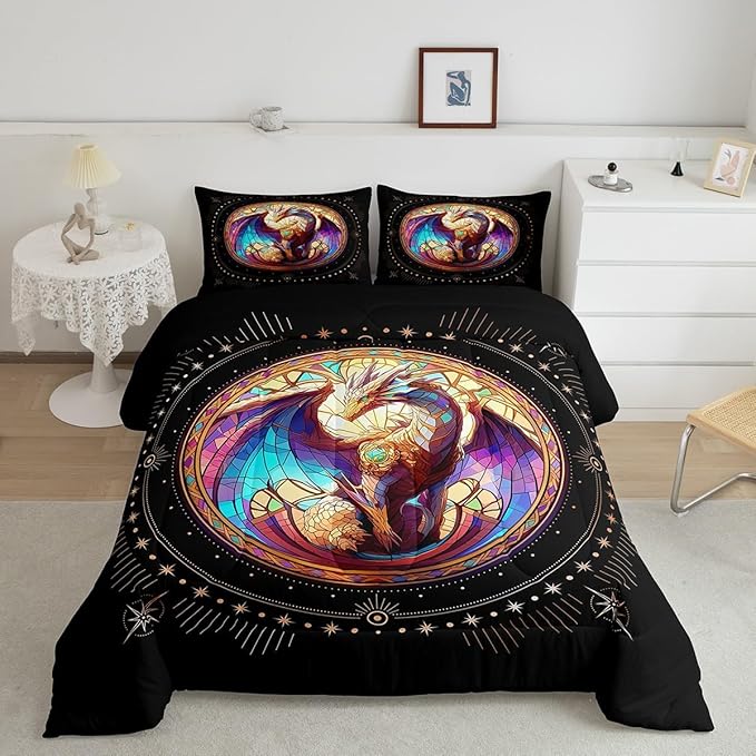 Feelyou Dragon Comforter Set Full Size Dragon Stuff Comforter for Boys Girls Teens Wild Life Bedding Set Dragon Decor Duvet Set Room Decor Black Yellow Quilt Set