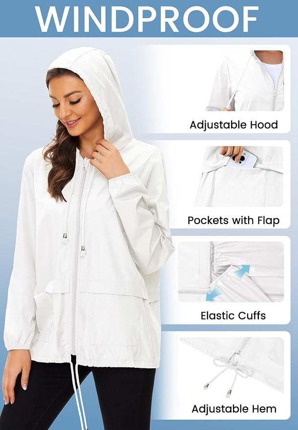 Zando Lightweight Rain Jacket Women Packable Waterproof Raincoat with Hood | Windbreaker Jacket Women, Light Raincoats for Drizzle, Rain Coats for Travel, Hiking and Commute