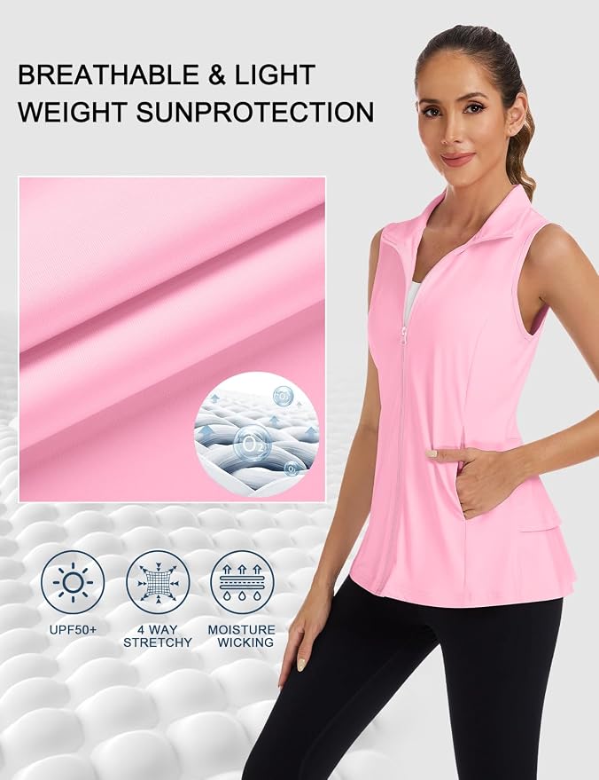 Women's Golf Vest with Pleated Tennis Skirt Hem Lightweight Full Zip Sleeveless Athletic Shirts with Pockets
