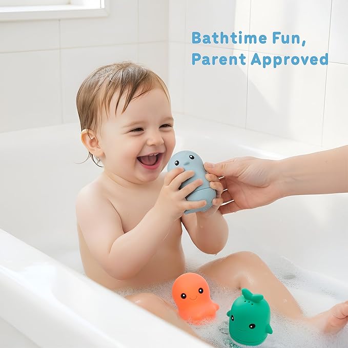 Ocean Friends Bath Toy Set, 6-Piece Silicone Baby Bath Toys for Ages 9 Months+, Soft Food-Grade Silicone, Easy to Clean, Cute Ocean Animals