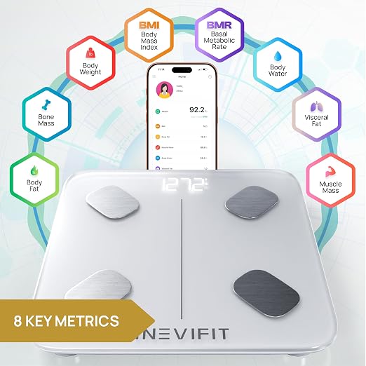 INEVIFIT Smart Body Fat Scale, Highly Accurate Bluetooth Digital Bathroom Body Composition Analyzer, Measures Weight, Body Fat, Water, Muscle, Visceral Fat & Bone Mass for Unlimited Users