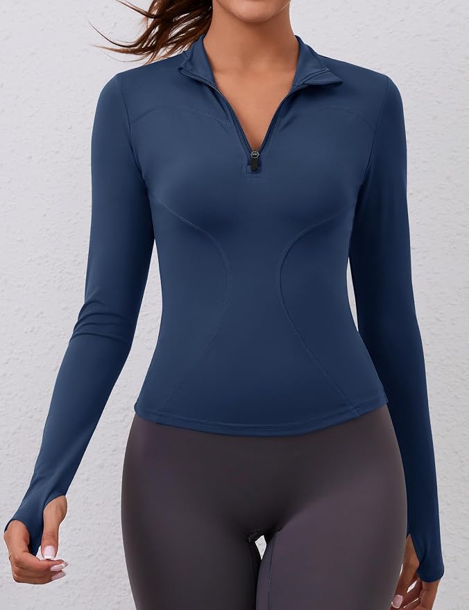 LOMON Womens Long Sleeve Workout Tops Quick Dry Quarter Zip Pullover Crop Yoga Athletic Slim Fit Shirts