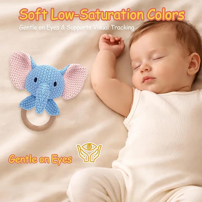 Elephant Baby Rattle Teething Ring Cute Jungle Animal Sensory Toy for Baby Boys Girls 0-3 Months Knitted Crochet Plush Stuffed Texture Montessori Grasping Shaker Stroller Travel Gift