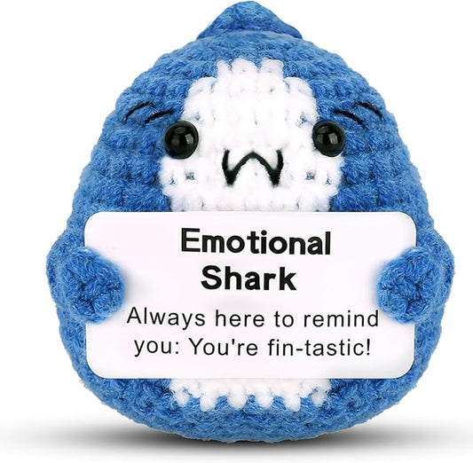 Hoedia Handmade Emotional Pickle Gift, Cucumber Crochet Doll Inspirational Gifts with Cards, Cute Knitted Funny Support Pickle Potato Friend Birthday (Emotional Shark)