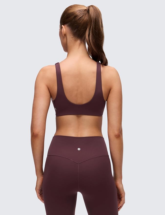 CRZ YOGA Butterluxe Front Twist Deep V Neck Sports Bras for Women - Wide Straps Padded U Back Yoga Crop Top