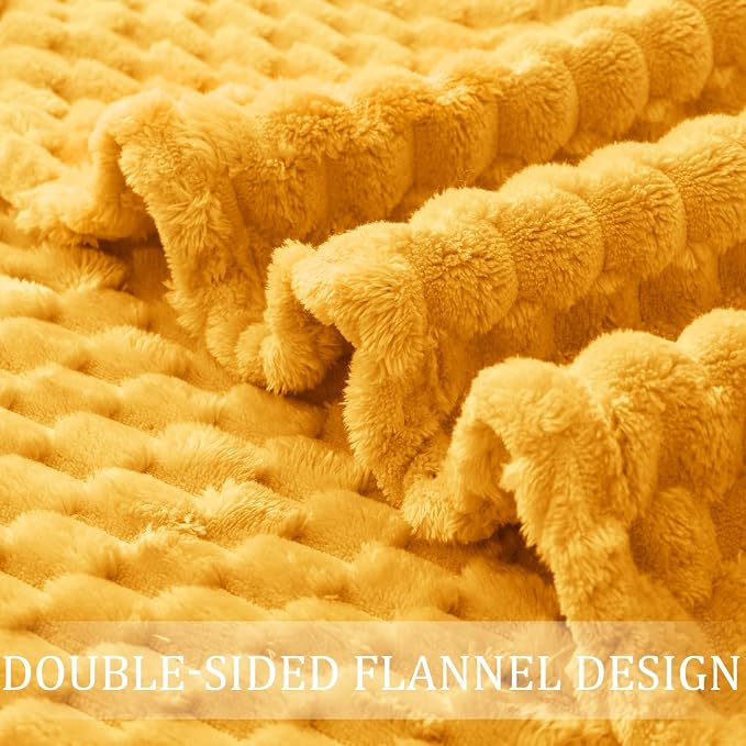 Exclusivo Mezcla 3D Fleece Queen Size Blanket for Bed, Mustard Yellow | Extra Soft Fuzzy Plush Lightweight Bed Blankets, Cozy Fluffy Decorative Blankets for All Seasons, 90x90 Inches