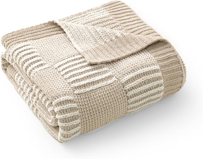 Knit Throw Blanket, Soft Chenille Cozy Breathable Dual Tone Checkered Chunky Decorative Blanket for Couch, Bed & Sofa, French Lightweight Warm Gift for Women, Beige, 60"x80"
