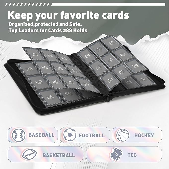 Toploader Binder,Trading Card Binder Storage Hold up 288 Cards 9-Pocket Top Loader Binder with Sleeves for 3"x4" Rigid Toploaders Hard Cases (9Dark Grey)
