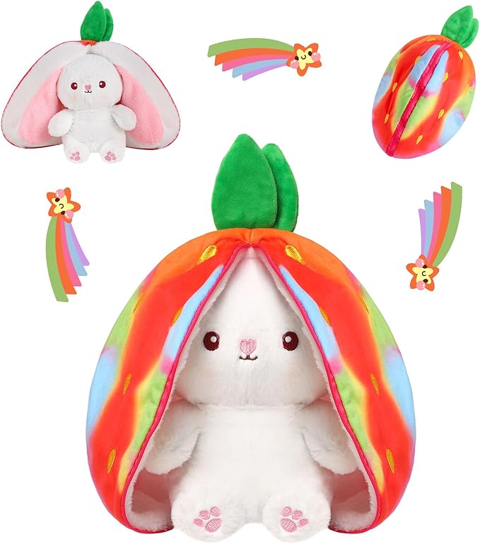MIAODAM Rainbow Strawberry Bunny Stuffed Animal, Rainbow and Strawberry Bunny Plush Turn Into Rabbit Fruit Doll, Plushie Funny Bunny Toy for Baby (10 inch)
