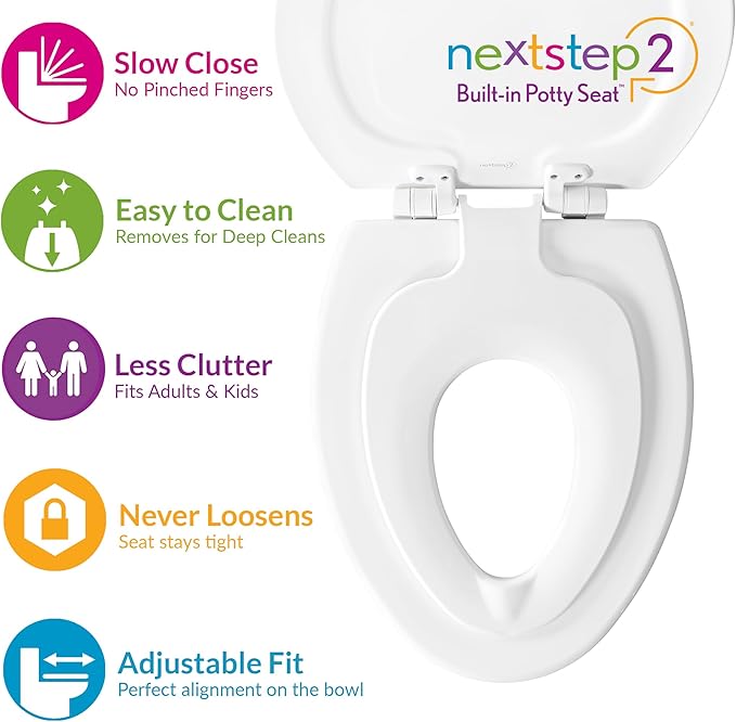 Mayfair NextStep2 Toilet Seat with Built-In Toddler Potty Training Seat, Slow Close, Easy Clean, Magnetic Removable Kids Seat, ELONGATED, Bone