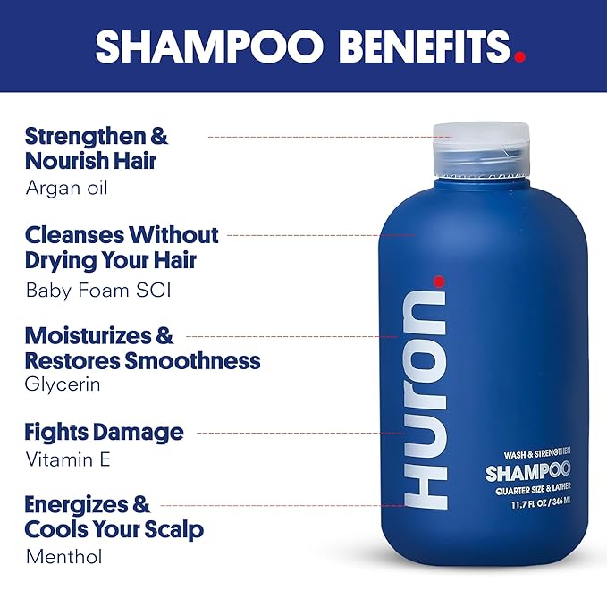 Huron Men’s Shower Kit – Shampoo, Conditioner & Body Wash with Sandalwood + Amber Scent, Hydrating, Phthalate-Free, non-toxic Ingredients for Hair & Skin Care, 12 fl oz (Pack of 3)