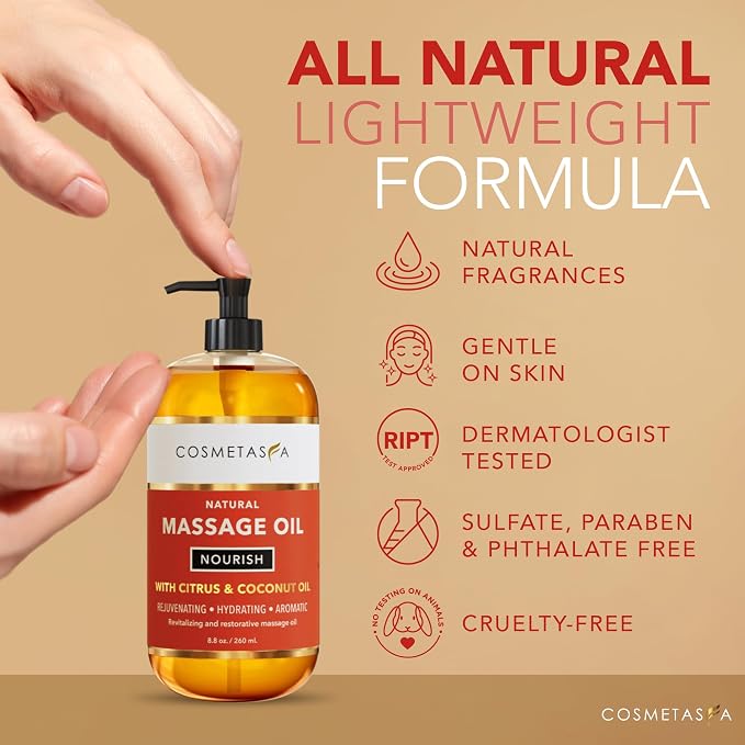 Natural Nourishing Citrus & Coconut Massage Oil- Smooth Glide, Non Greasy Therapeutic Massage Oils with Rejuvenating, Hydrating & Aromatic Essential Oils for Dry Skin, Soothes Muscle & Joints 8.8 oz