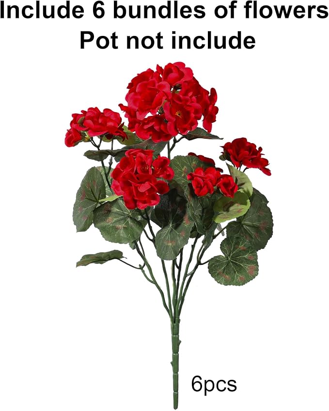 Artificial Geraniums Fake Flowers for Outdoors Decoration, 6 Bundles Silk Geraniums Flower UV Resistant Look Real Faux Plants for Front Door Garden Porch Planter Patio Balcony Yard Indoor Home, Mix
