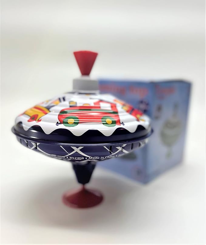 Classic Music Box Spinning Tin Top Toy from KsmToys by Bolz. The Funny Buzzing Hum Gets Louder As The Top Spins Faster, 7.5" x 7.5" x 7.5" Ages 18 m+