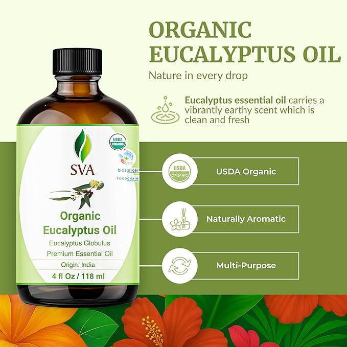 SVA Organic Eucalyptus Essential Oil with Dropper, 4 Fl Oz (118 mL) | Organic Eucalyptus Oil for Diffuser, Humidifier, Spa, Sauna, Hair, Skin, Massage, Soap Making, Candle Making & DIY Projects
