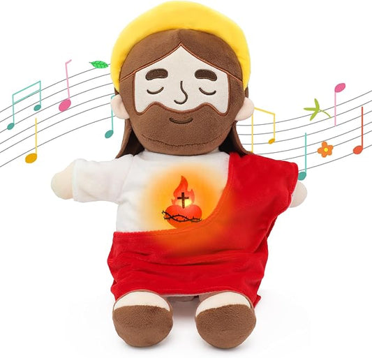 Soothing Jesus Plush Toys with Light & Sound, Jesus Stuffed Breathing Plushy Doll, Christian Catholic Religious Plushie Christmas Easter Gifts for Kids Baby (Red)