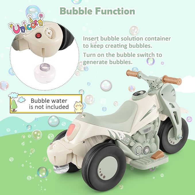 Honey Joy Ride On Motorcycle,6V Toddler Motorcycle with Bubble Maker,LED Light,Music,Foot Pedal,Forward/Backward,3-Wheel Battery Powered Electric Motorcycle for Kids,Gift for Boys Girls (Beige)