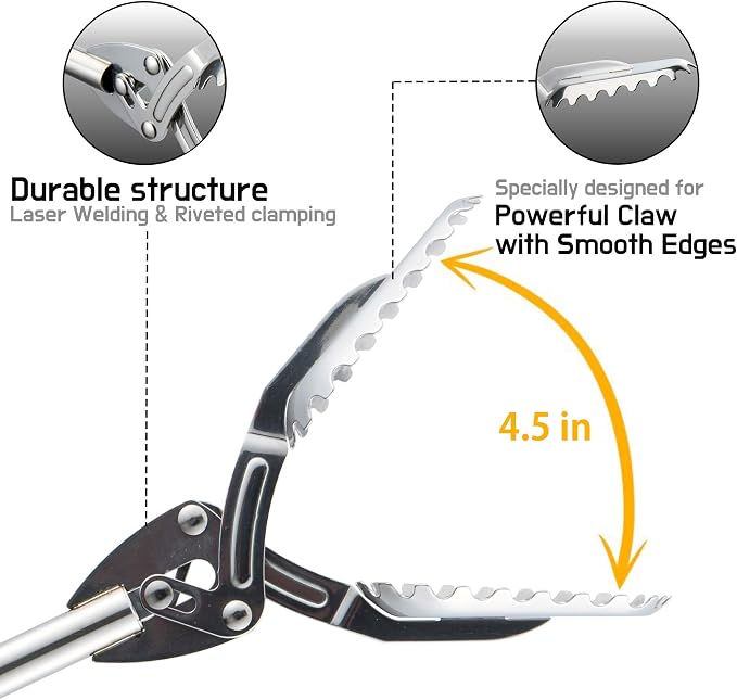 FTH Stainless Steel Grabber Reacher Pickup Tool Heavy Duty Trash Picker 40" | Log BBQ fireplace pits snake tongs plogging tool no wire design outdoor yard cleanup litter picker leaves branches sticks