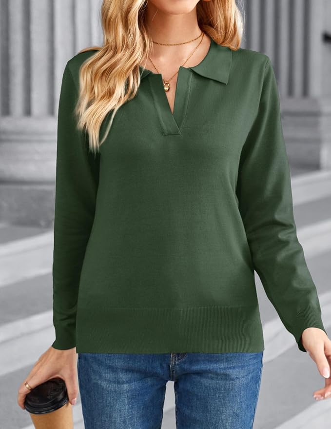 Women's Long Sleeve Classic V Neck Casual Fall Winter Polo Sweater Tops | Basic Collared Knitted Fashion Work Business Formal Daily Wear Versatile Pullover Shirts