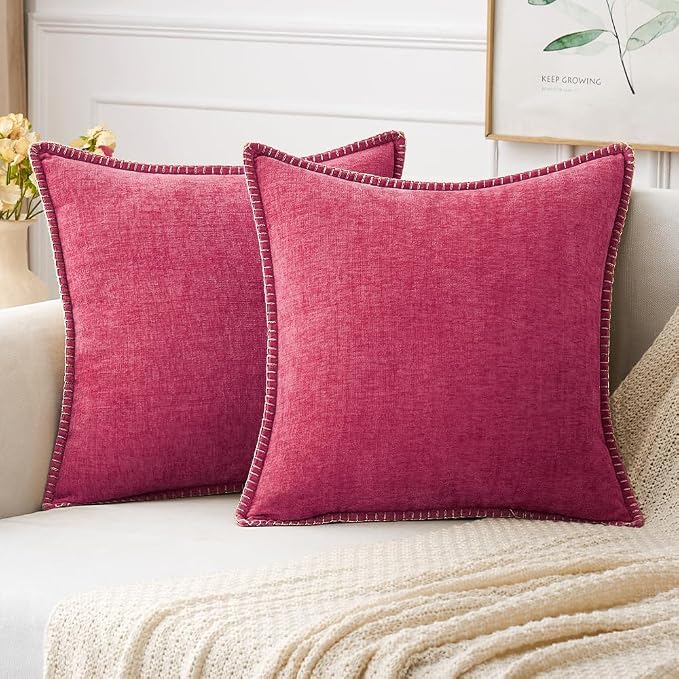 MIULEE Decorative Couch Throw Pillow Covers 18x18 Inch Hot Pink 2 Pack | Farmhouse Pillow Covers with Stitched Edge, Soft Chenille Cushion Cases, for Sofa Bed Living Room Home Decor