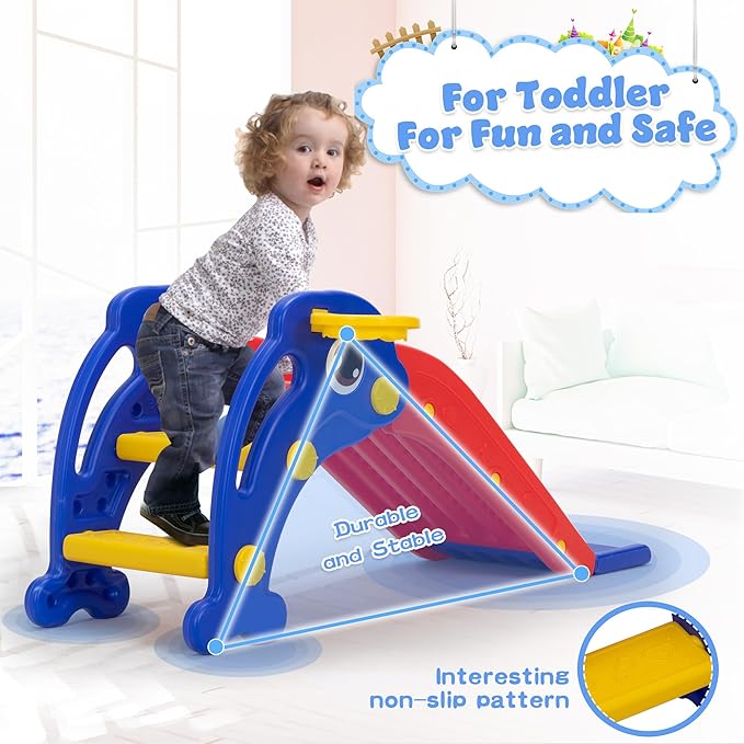 NYEEKOY 3 in 1 Toddler Slide, Baby Slide Plastic Climber Playset with Basketball Hoop and Ball, Indoor and Outdoor Playground for Kids Red
