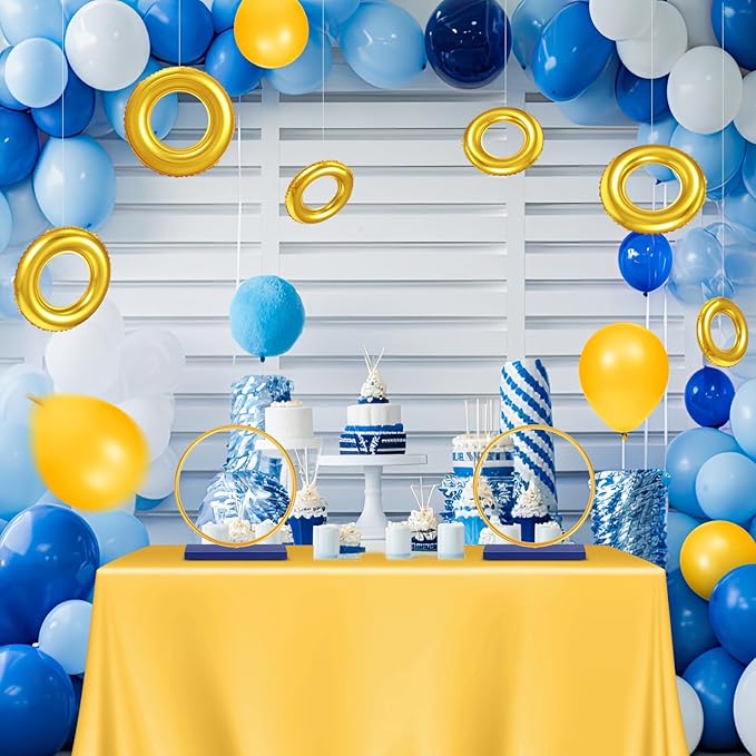 Leinuosen 4 Set Blue Gold Ring Party Decorations, Wooden Cartoon Gold Ring Table Centerpieces for Cartoon Video Game Party Birthday Decor