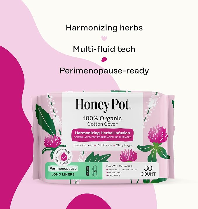 Honey Pot - Perimenopause Long Panty Liners for Women - 100% Organic Cotton Top Sheet - Feminine Care - Multi-Fluid Absorbency - Harmonizing Herbs of Black Cohosh, Clary Sage, & Red Clover - 30ct
