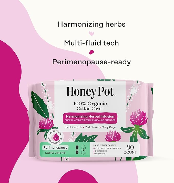 Honey Pot - Perimenopause Long Panty Liners for Women - 100% Organic Cotton Top Sheet - Feminine Care - Multi-Fluid Absorbency - Harmonizing Herbs of Black Cohosh, Clary Sage, & Red Clover - 120ct