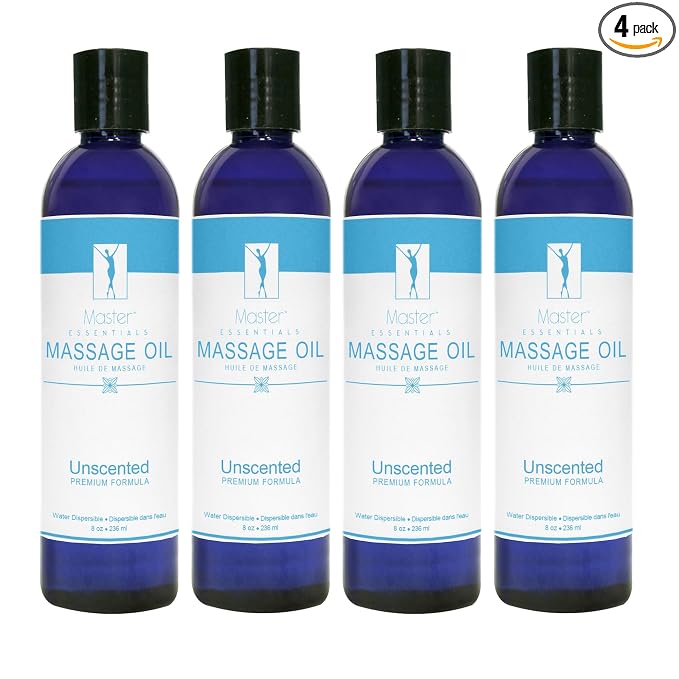 Master Massage Unscented Organic Massage Oil - 8 fl oz, Water-Soluble Blend, Skin-Nourishing Formula, Perfect for Massage Therapy and Home Use, Pack of 4