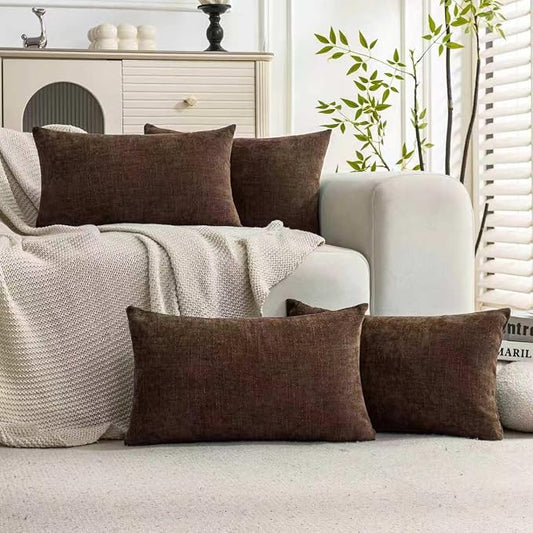 Set of 4 Soft Textured Decorative Throw Pillow Covers 12X20 Inch Cozy Farmhouse Cushion Cover Square Accent Pillow Cases for Bed Couch Sofa Living Room, Dark Brown